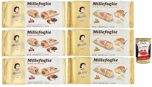 Matilde Vicenzi millefoglie snack Testpaket , Blätterteigbacken, knusprige und zarte, snack gefüllt von Haselnusscreme und creme 6x 125g + Italian gourmet polpa 400g von Italian Gourmet E.R.