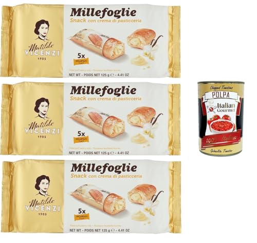 Matilde Vicenzi millefoglie snack alla crema pasticcera, Blätterteigbacken, knusprige und zarte, snack gefüllt von Pudding creme 3x 125g + Italian gourmet polpa 400g von Italian Gourmet E.R.