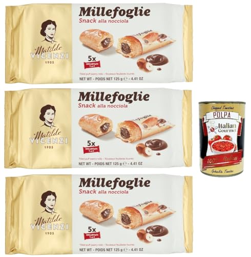 Matilde Vicenzi millefoglie snack alla nocciola , Blätterteigbacken, knusprige und zarte, snack gefüllt von Haselnusscreme 3x 125g + Italian gourmet polpa 400g von Italian Gourmet E.R.