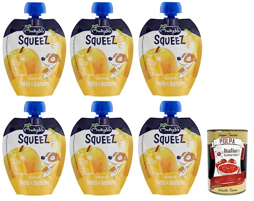 Melinda Mela Banana Squeez 100% Frucht,Apfel- und Bananenpüree,Obst zum Auspressen,90g + Italian Gourmet Polpa di Pomodoro 400g Dose von Italian Gourmet E.R.