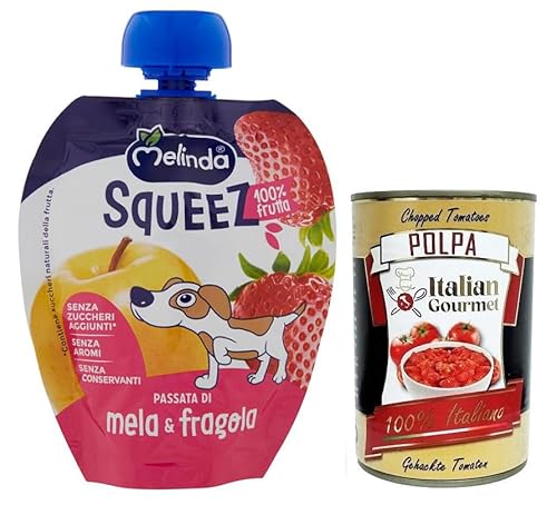 Melinda Mela Fragola Squeez 100% Frucht,Apfel- und Erdbeerpüree,Obst zum Auspressen,90g + Italian Gourmet Polpa di Pomodoro 400g Dose von Italian Gourmet E.R.