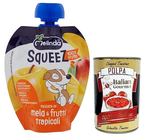 Melinda Mela & Frutti Tropicali Squeez 100% Frucht,Apfel- und Tropisches Fruchtpüree,Obst zum Auspressen,90g + Italian Gourmet Polpa di Pomodoro 400g Dose von Italian Gourmet E.R.