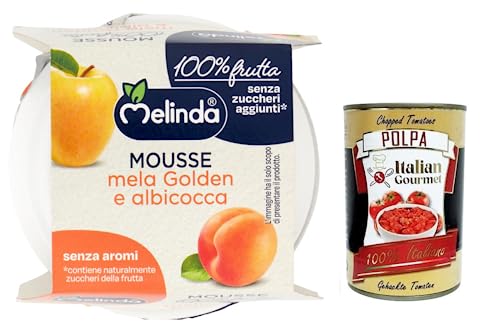 Melinda Mousse Mela Golden e Albicocca,100% Natürliches Fruchtpüree,Goldenes Apfel-Aprikosen-Mousse ( 2 x 100g ) + Italian Gourmet Polpa di Pomodoro 400g Dose von Italian Gourmet E.R.