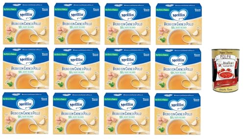 Mellin Brodo con carne di pollo 100% Gusto Delicato, per tutta la famiglia Brühe mit Hühnerfleisch 100% delikater Geschmack, für die ganze Familie 12x50gr + Italian Gourmet polpa 400g von Italian Gourmet E.R.