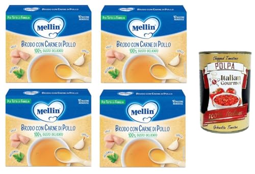 Mellin Brodo con carne di pollo 100% Gusto Delicato, per tutta la famiglia Brühe mit Hühnerfleisch 100% delikater Geschmack, für die ganze Familie 4x50gr + Italian Gourmet polpa 400g von Italian Gourmet E.R.