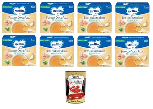 Mellin Brodo con carne di pollo 100% Gusto Delicato, per tutta la famiglia Brühe mit Hühnerfleisch 100% delikater Geschmack, für die ganze Familie 8x50gr + Italian Gourmet polpa 400g von Italian Gourmet E.R.