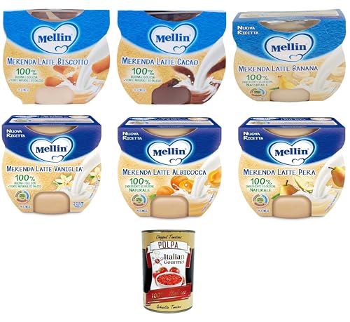 Mellin Testpaket Merenda Biscotto,Cioccolato,Pera.Albicocca.Banana,Vaniglia Keks, Schokolade, Birne, Vanille, Aprikose, Banane 6x200gr (2x100gr) + Italian Gourmet polpa 400g von Italian Gourmet E.R.