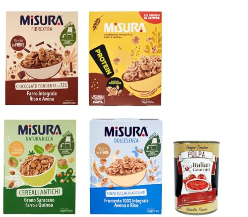 Misura Cereali Testpaket, Müsli Fibraextra, Protein, Natura Ricca, Dolcesenza, Vollkornschild, Reis und Vollkorn, 4x 300g + Italian Gourmet polpa 400g von Italian Gourmet E.R.