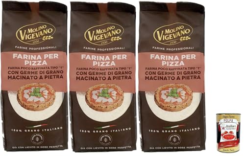 Molino Vigevano Farina “Tipo 1”, Pizza -Mehl, nicht sehr raffiniert, mit Stein gemahlenen Getreidekeimen. Professionelle Mehl, 3x 500 g + Italian Gourmet polpa 400g von Italian Gourmet E.R.