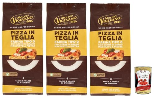 Molino Vigevano Farine Professionali Pizza in Teglia, Mehltyp "0" für Pizzen in der Pfanne, Professionelle Mehl 3x 500 g + Italian Gourmet polpa 400g von Italian Gourmet E.R.