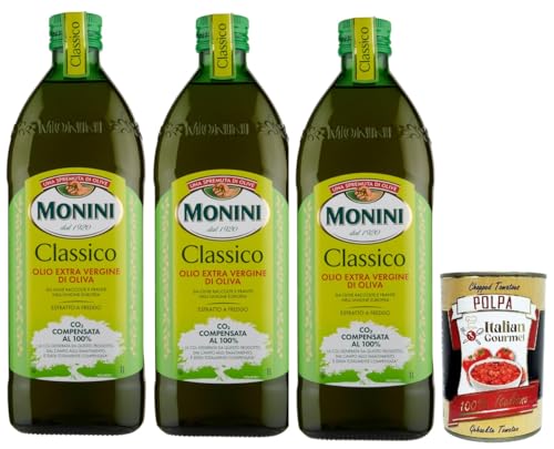 Monini Classico Olio Extra Vergine di Oliva, Extra Natives Olivenöl, Hochwertiges natives Olivenöl extra, das durch mechanische Verfahren aus Oliven gewonnen wird, 3x 1L + Italian Gourmet polpa 400g von Italian Gourmet E.R.