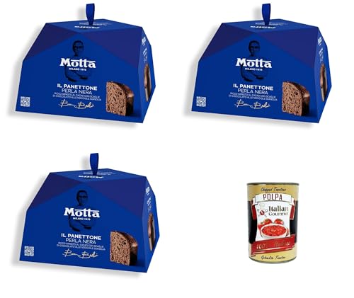 Motta Il Panettone Perla Nera Bruno Barbieri Reichhaltiger Kakaoteig mit Gianduia-Haselnuss-Schokoladenflocken 3x750gr+ Italian Gourmet polpa 400g von Italian Gourmet E.R.