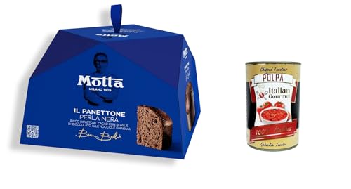 Motta Il Panettone Perla Nera Bruno Barbieri Reichhaltiger Kakaoteig mit Gianduia-Haselnuss-Schokoladenflocken 750gr+ Italian Gourmet polpa 400g von Italian Gourmet E.R.