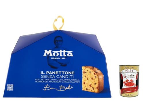 Motta il Panettone Senza Canditi, Weihnachtskuchen mit Rosinen aus Korinth und Sultanin, Madagaskars Bourbon -Vanille und Millerifiori Honig. 1 kg + Italian Gourmet polpa 400g von Italian Gourmet E.R.