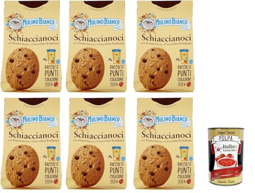 Mulino Bianco, Biscotti Frollini Schiaccianoci Frutta Secca e Cioccolato Fondente, Kekse mit getrockneten Früchten und dunkle Schokolade, biscuits cookies 6x 300g + Italian Gourmet polpa 400g von Italian Gourmet E.R.