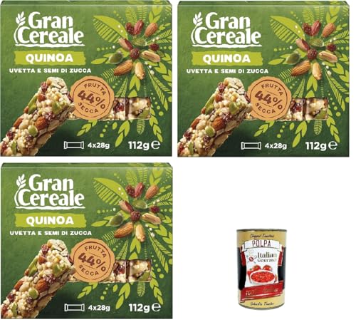 Mulino Bianco, Gran Cereale, Snack Riegel mit getrockneten Früchten, Rosinen, Kürbiskerne und geblasener Quinoa, 3x 112 g + Italian Gourmet polpa 400g von Italian Gourmet E.R.