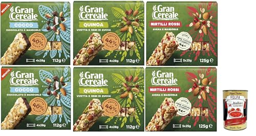 Mulino Bianco, Gran Cereale - Snack Testpaket, Trockene Obstbalken mit Frühstück, Schokolade und Mandeln - Frühstück und süße Snacks, 6x 112 g + Italian Gourmet polpa 400g von Italian Gourmet E.R.