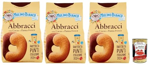 Mulino Bianco Abbracci Biscotti con Cacao e Panna Fresca, Shortbread-Kekse mit Kakao und frischer Sahne, ohne Palmöl, geschmacksintensives Frühstück, 3x 350 g + Italian gourmet polpa 400g von Italian Gourmet E.R.