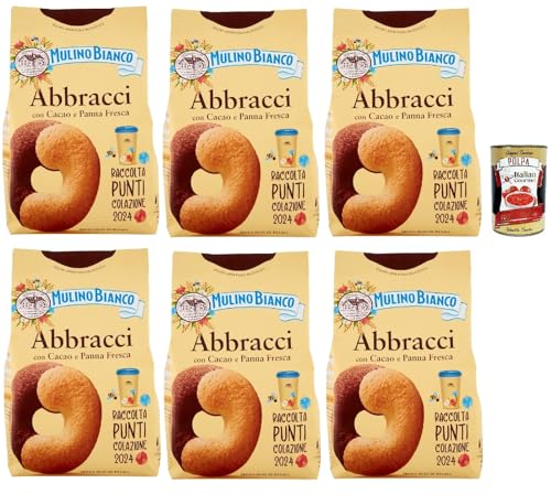 Mulino Bianco Abbracci Biscotti con Cacao e Panna Fresca, Shortbread-Kekse mit Kakao und frischer Sahne, ohne Palmöl, geschmacksintensives Frühstück, 6x 350 g + Italian gourmet polpa 400g von Italian Gourmet E.R.