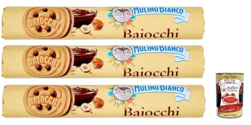 Mulino Bianco Baiocchi Biscotti Snack Farciti con Crema alla Nocciola e Cacao, Snack Kekse mit Haselnusscreme und Kakao gefüllt, 3x 168 g + Italian Gourmet polpa 400g von Italian Gourmet E.R.