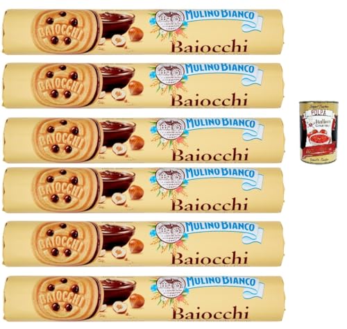 Mulino Bianco Baiocchi Biscotti Snack Farciti con Crema alla Nocciola e Cacao, Snack Kekse mit Haselnusscreme und Kakao gefüllt, 6x 168 g + Italian Gourmet polpa 400g von Italian Gourmet E.R.