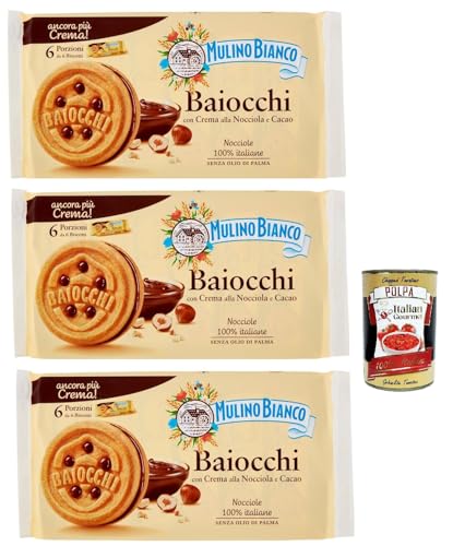 Mulino Bianco Baiocchi Kekse mit Haselnusscreme und Kakao zum Frühstück und süßer Snack für den Nachmittag 3x 336 g + Italian gourmet polpa 400g von Italian Gourmet E.R.