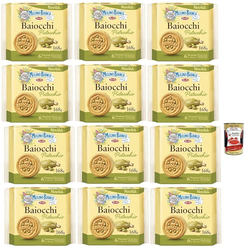 Mulino Bianco Baiocchi Pistacchio, Pistazienkekse, Pistaziengebäck, Kekse mit Pistazien und Mürbeteig, ideal für Frühstück oder Snack, Palmölfrei, 12x 168 g + Italian Gourmet polpa 400g von Italian Gourmet E.R.