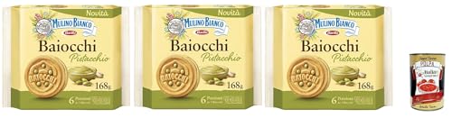 Mulino Bianco Baiocchi Pistacchio, Pistazienkekse, Pistaziengebäck, Kekse mit Pistazien und Mürbeteig, ideal für Frühstück oder Snack, Palmölfrei, 3x 168 g + Italian Gourmet polpa 400g von Italian Gourmet E.R.