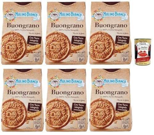 Mulino Bianco Biscotti Buongrano con 100% Farina Integrale, Kekse mit 100% vollem Mehl, Frühstück voller Faser und Geschmack, 6x 350 g + Italian Gourmet polpa 400g von Italian Gourmet E.R.