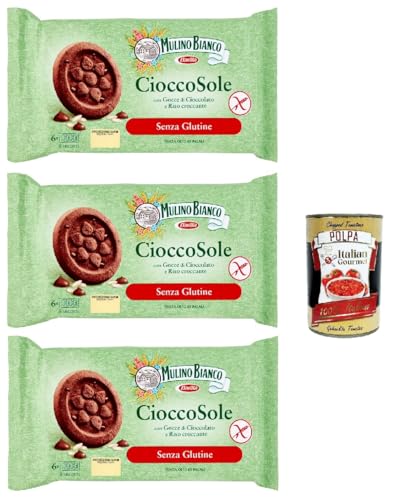 Mulino Bianco Biscotti Cioccosole, kekse mit Reis und Schokoladenchips, Gluten -freie, ideal zum Frühstück oder Snacks, biscuits ohne Palmöl, gluten free 3x 250 g + Italian Gourmet polpa 400g von Italian Gourmet E.R.