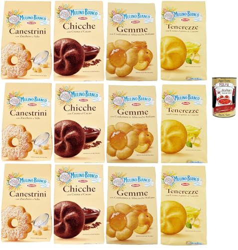 Mulino Bianco Canestrini, Chicche al cacao, Tenerezze limone, Gemme, Testpaket Biscotti, Kekse mit Zucker mit Eiszeit, Kekse mit Kakao, zitrone cookies biscuits, 12x 200g + Italian Gourmet polpa 400g von Italian Gourmet E.R.