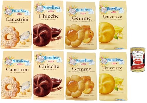 Mulino Bianco Canestrini, Chicche al cacao, Tenerezze limone, Gemme, Testpaket Biscotti, Kekse mit Zucker mit Eiszeit, Kekse mit Kakao, zitrone cookies biscuits, 8x 200g + Italian Gourmet polpa 400g von Italian Gourmet E.R.