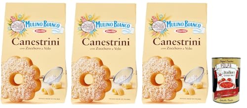 Mulino Bianco Canestrini Biscotti Con Zucchero A Velo, Kekse mit Zucker mit Eiszeit, Frische Butter und Eier, cookies biscuits, 3x 200g + Italian Gourmet polpa 400g von Italian Gourmet E.R.