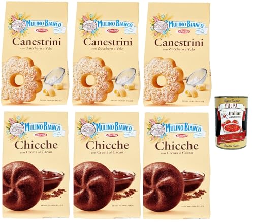 Mulino Bianco Canestrini Chicche al cacao Testpaket Biscotti Con Zucchero A Velo, Kekse mit Zucker mit Eiszeit und Kekse mit Kakao, cookies biscuits, 6x 200g + Italian Gourmet polpa 400g von Italian Gourmet E.R.