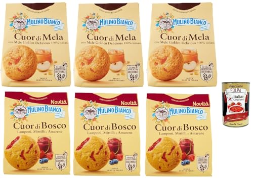 Mulino Bianco Cuor di Mela und Cuor di Bosco Biscotti, Kekse mit 100% italienischen Äpfeln und mit Wald und schwarzem Kirschfest füllen, cookies biscuits 6x 300 g + Italian Gourmet polpa 400g von Italian Gourmet E.R.