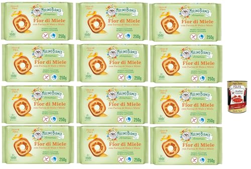 Mulino Bianco Fior di Miele Biscotti Frollini, Kekse mit Millefiori Honig, gluten free biscuits mit Maismehl, Laktose -freier, Gluten und Palmöl, Mulino Armonia, 12x 250g + Italian Gourmet polpa 400g von Italian Gourmet E.R.