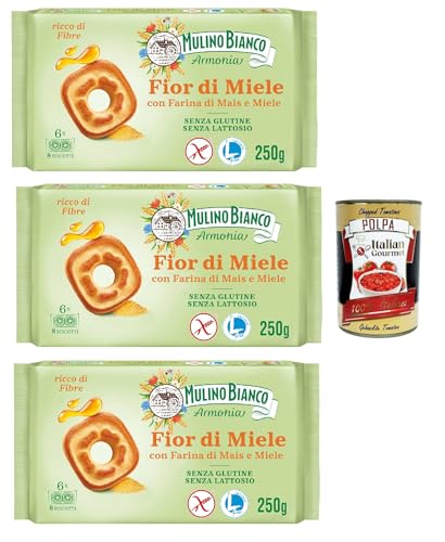 Mulino Bianco Fior di Miele Biscotti Frollini, Kekse mit Millefiori Honig, gluten free biscuits mit Maismehl, Laktose -freier, Gluten und Palmöl, Mulino Armonia, 3x 250g + Italian Gourmet polpa 400g von Italian Gourmet E.R.