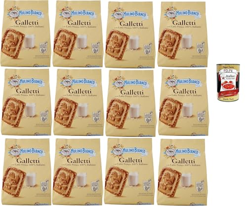 Mulino Bianco Galletti, Biscotti con latte 100% italiano, Kekse Mit frischer Milch 100% Italienisch, Palmölfreies, leckeres Frühstück, 12x 800 g + Italian Gourmet polpa 400g von Italian Gourmet E.R.