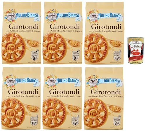 Mulino Bianco Girotondi Biscotti con Granelli di Zucchero di Canna, Kekse mit Zuckerzuckerkörnern, Ohne Palmöl, Frühstück voller Geschmack, buscits cookies 6x 350 g + Italian Gourmet polpa 400 g von Italian Gourmet E.R.