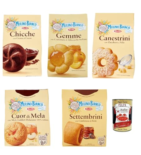 Mulino Bianco Testpaket Kekse Canestrini - Gemme - Chicche - Cuor di Mela - Settembrini , cookies biskuits 3x200g 2x 300g + Italian Gourmet polpa 400g von Italian Gourmet E.R.