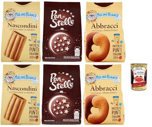 Mulino Bianco Testpaket Pan di stelle - Abbracci - Nascondini Shortbread Kekse mit Schokolade zum Anbeißen biscuits cookies, 2x 330 g - 4x 350g + Italian gourmet polpa 400g von Italian Gourmet E.R.