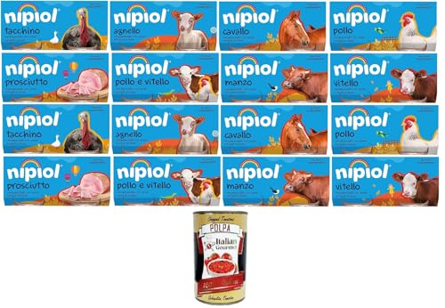 Nipiol Testpaket Homogenisiert-Lamm,Pferd, Rind,Huhn,Schinken,Truthahn,Huhn und Kalbfleisch,Kalbfleisch 16x160gr (2x80gr)+Italian Gourmet polpa 400g von Italian Gourmet E.R.