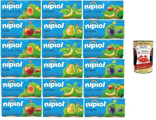 Nipiol Testpaket Omogeneizzato di Frutta Pflaume, Apfel, Banane, Birne, gemischte Früchte, Aprikose und Apfel 18x160gr (2x80gr) +Italian Gourmet polpa 400g von Italian Gourmet E.R.