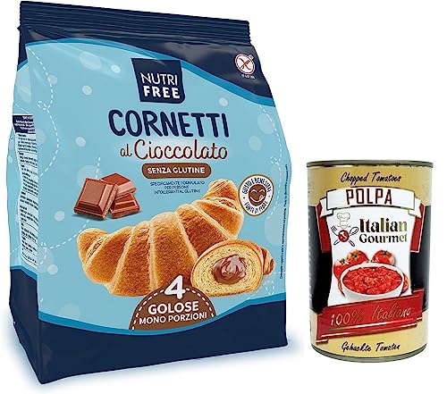 Nutrifree Cornetti al Cioccolato,Croissants gefüllt mit köstlicher Schokoladencreme,Glutenfrei,240g,Multipack mit 4 Einzelportionen + Italian Gourmet Polpa di Pomodoro 400g Dose von Italian Gourmet E.R.