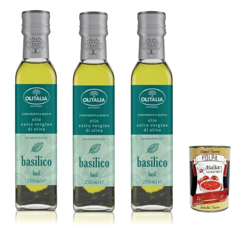 Olitalia Olio Condimento a Base di olio extra vergine di oliva all'aroma di Basilico, Extra Natives Olivenöl Basilikum geschmack 3x 250ml + Italian Gourmet polpa 400g von Italian Gourmet E.R.