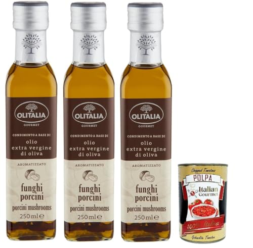 Olitalia Olio Condimento a Base di olio extra vergine di oliva all'aroma di funghi porcini, Extra Natives Olivenöl Porcini -Steinpilz geschmack 3x 250ml + Italian Gourmet polpa 400g von Italian Gourmet E.R.