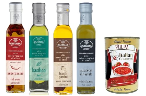 Olitalia Testpaket Dressing auf Basis von nativem Olivenöl extra Chilischote, Basilikum, Steinpilze, Trüffel 4x250ml+ Italian Gourmet polpa 400g von Italian Gourmet E.R.