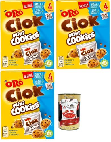 Oro Ciok Mini Cookies, Mini -Kekse -Kekse füllen Milchschokoladenchips, einfacher und köstlicher Snack, natürliche Faserquelle, 3x 160g (4 Einzelpotten von 40 g) + Italian Gourmet polpa 400g von Italian Gourmet E.R.