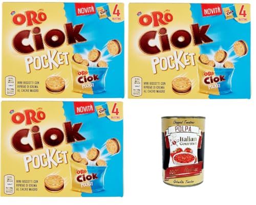 Oro Ciok Pocket, Mini -Kekse mit leckerer Milchschokoladencreme, einfacher und köstlicher Snack, natürliche Faserquelle, 3x 140 g (4 Einzelpotten von 40 g) + Italian Gourmet polpa 400g von Italian Gourmet E.R.