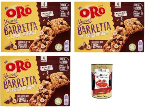 Oro Saiwa Barretta ai Cereali Integrali e al Cioccolato Fondente e Nocciole, Riegel snack mit Ganzes Getreide und dunkle Schokoladen und Haselnüsse 3x 160 g + Italian Gourmet polpa 400g von Italian Gourmet E.R.